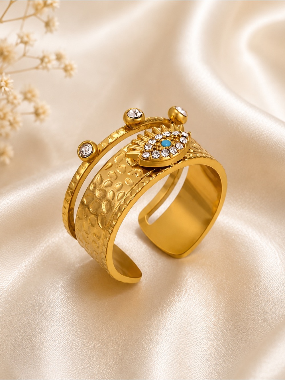 Gold Open Cuff Ring with Crystal Evil eye  Accents